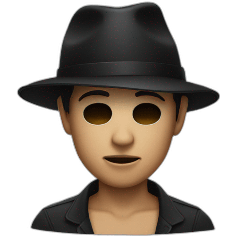 young age man wearing half skull mask (covering face) with a black fedora hat emoji