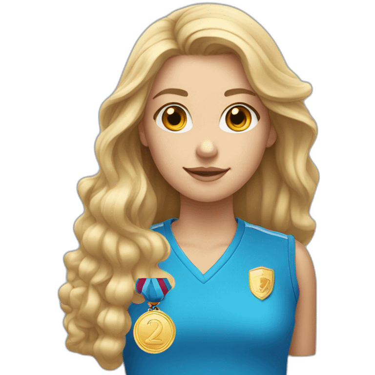 blonde girl with long hair dressed in a blue shirt with pearl earrings and a golden medal emoji