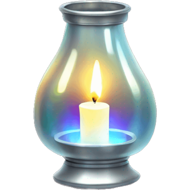 Realistic holographic silver metallic glass  latern with lit candle inside. emoji