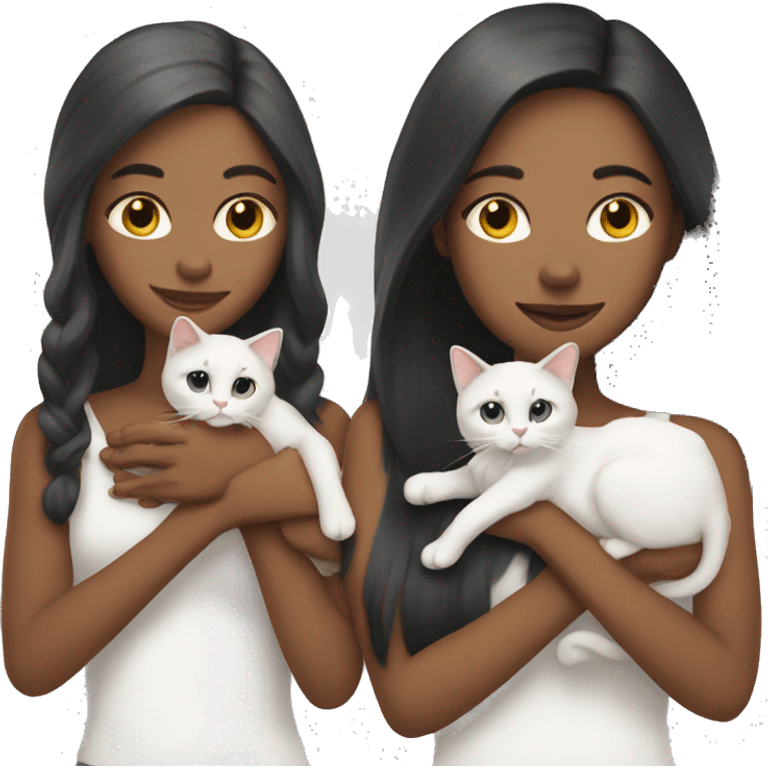 Two long hair girls with white skin and two cats in their hands emoji