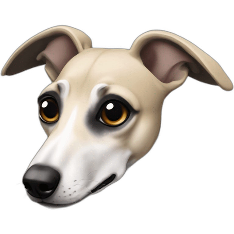 a beige whippet with a dark snout, black and white mouth patchy and black angel wing like eyes emoji