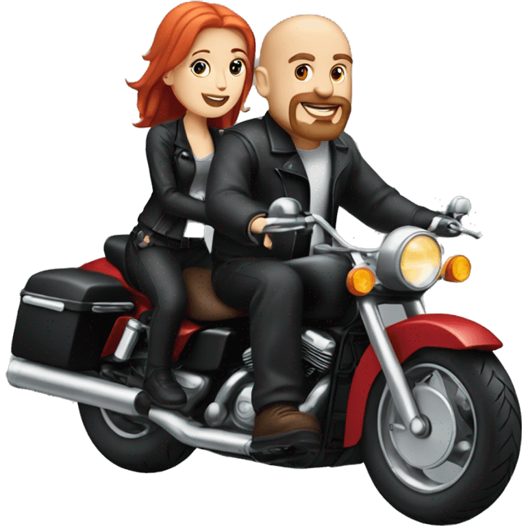 Bald headed white man with goatee and white girl with red hair riding on a black motorcycle  emoji