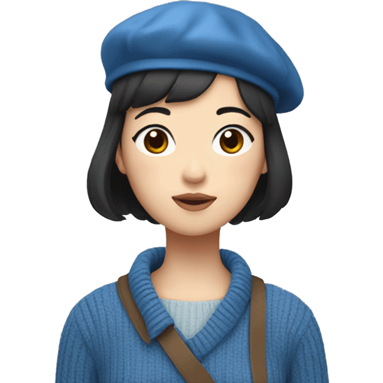 korean girl short black hair sharp jawline, wearing a blue sweater and beret emoji