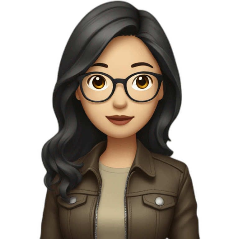 asian girl with glasses and a leather jacket with a  khaki shirt and long dark hair emoji