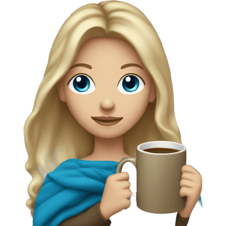 Dark blonde hair woman with blue eyes fall blanket holding mug emoji