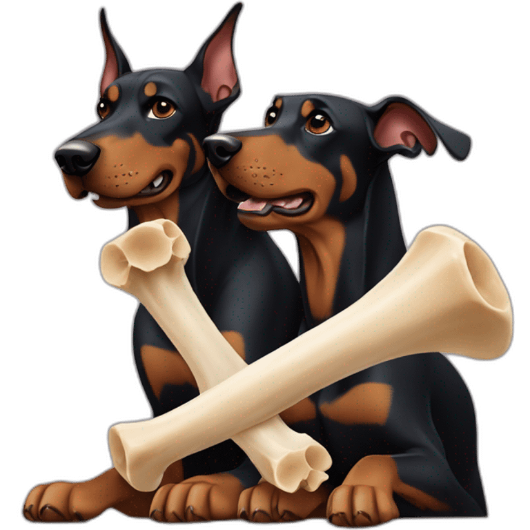 Two doberman's fighting over a big bone while cuddling  emoji