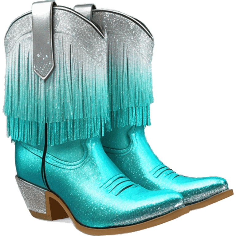 Realistic silver and turquoise blue ombre pair of fashion cowgirl boots with sparkly shiny glitter fringe on them. emoji