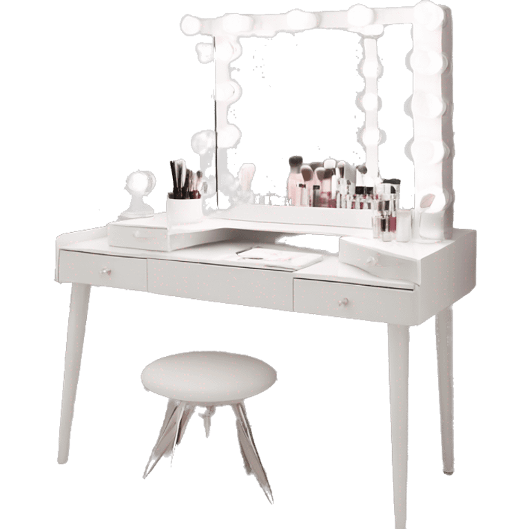 white makeup vanity with glass top and a hollywood style makeup mirror with bulbs around it. skincare and perfume on the desk neatly with white chair  emoji