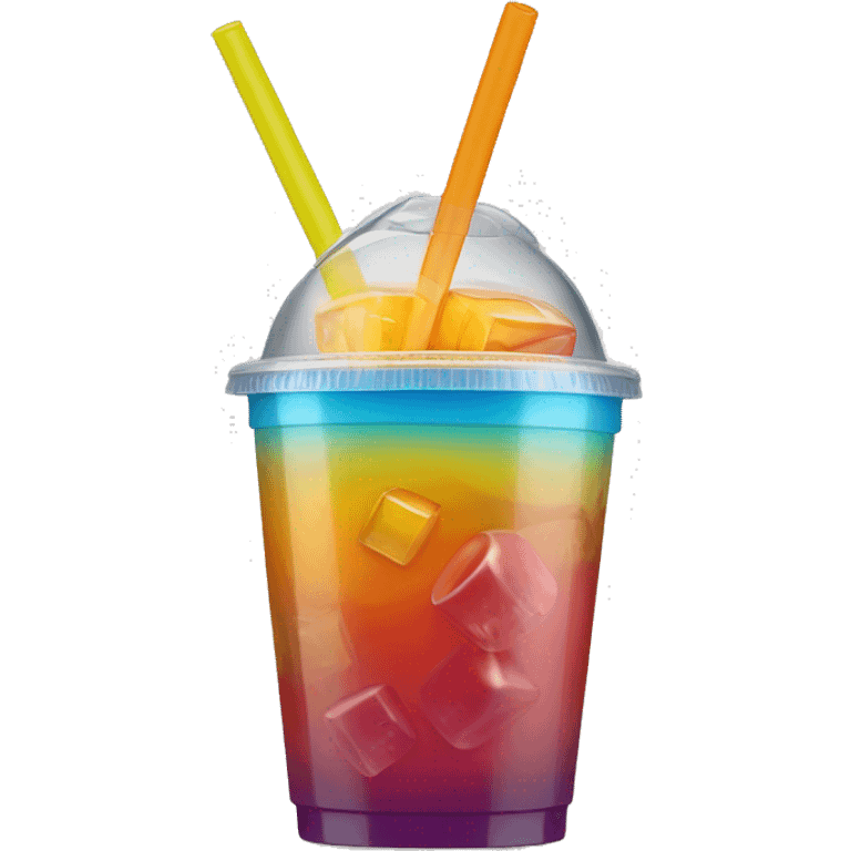 Realistic plastic cup and lid with juice and large ice cubes inside and colorful straw poked through the top of the lid. emoji