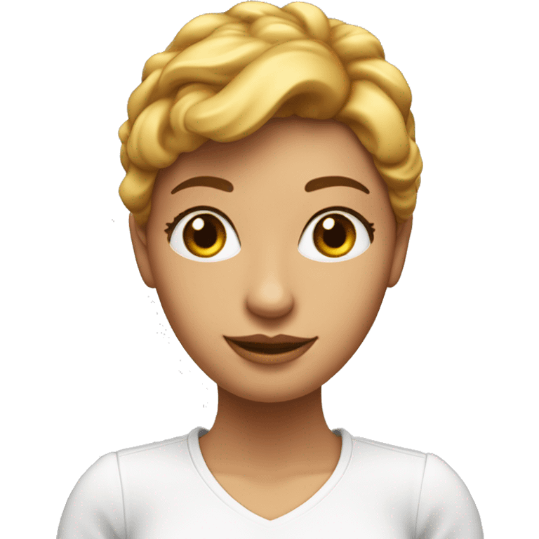 Has un emoji 3D de una chica de 18 años con el pelo ondulado café, con ojos café unos labios lindos rositas Una blusa blanca con cuello V emoji