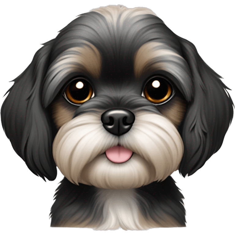 Shih tzu black puppy, yorkie coloring with light colored eyebrows. Round face, short ears. Looks like teddy bear  emoji