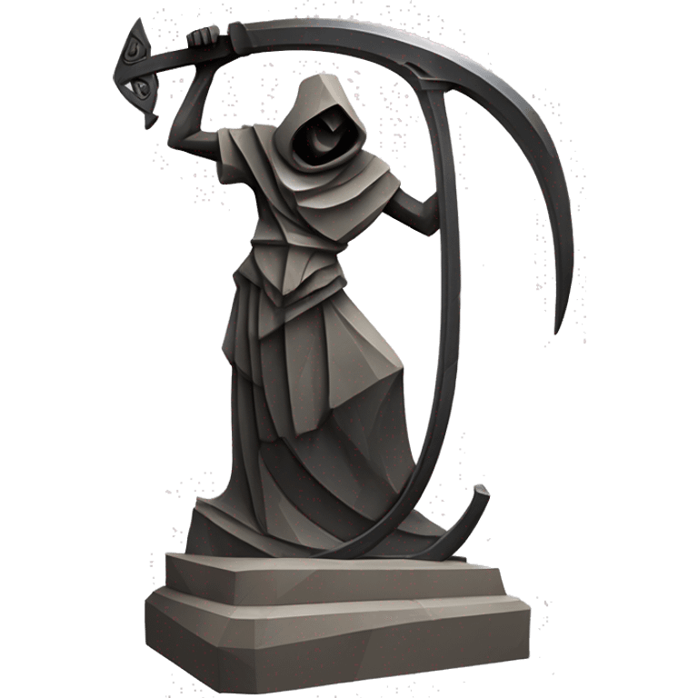 Stone sculpture Reaper scythe with a geometric, faceted design. The scythe is standing upright on a base with angular and baroque features. The vibrant midtone subtlety of dark neutrals highlights the sharp edges and planes.  emoji