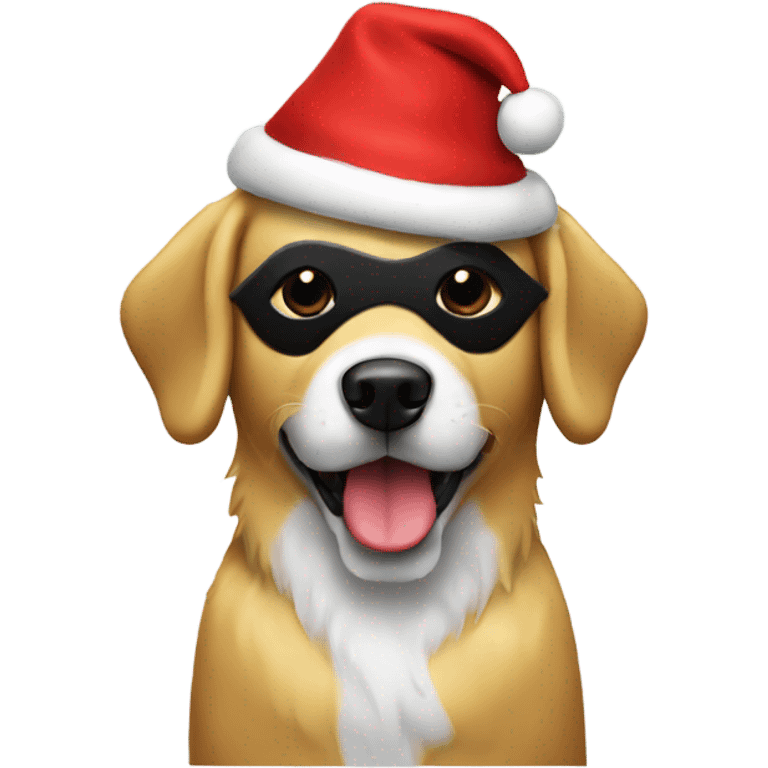 A golden dog with a black mask wearing a Santa hat eating a treat emoji