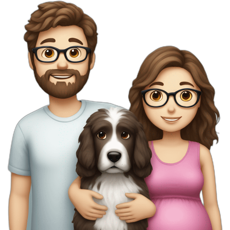 Pregnant girl with half long brown hair with glasses, a boy with long beard, glasses and short hair and english sheepdog emoji