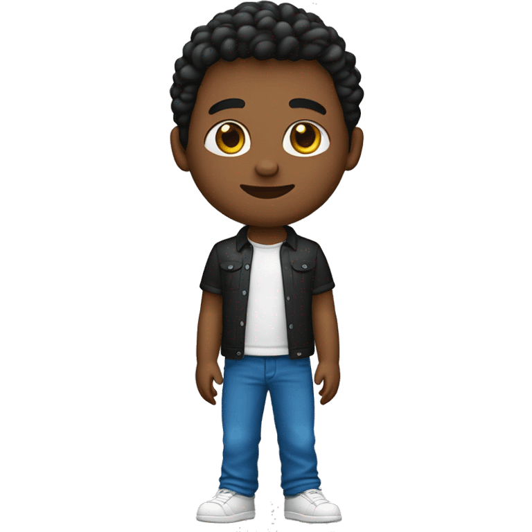 crie um emojii com um jovem negro de cabelo preto com a camisa azul, gola vermelha, e manga dos braços branca emoji