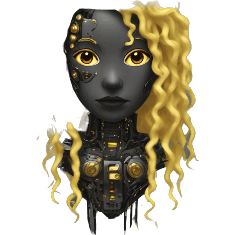 black metal female cyborg head with circuitry and yellow gold curly hair emoji