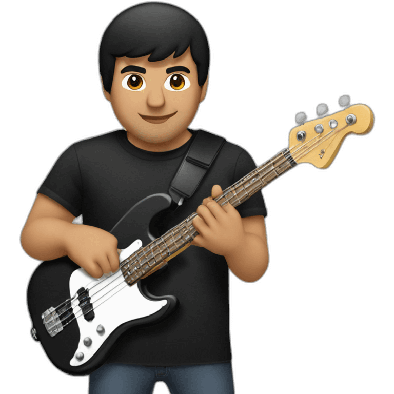 latin lover man, very strong, short black hair, wearing black shirt, playing electric bass emoji