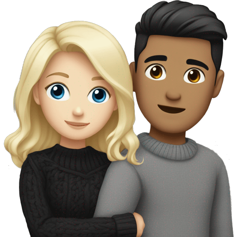 Blonde girl with blue eyes in black sweater and asian man with black hair and black eyes hugging emoji