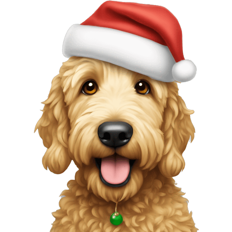 Golden Doodle wearing santa hat emoji