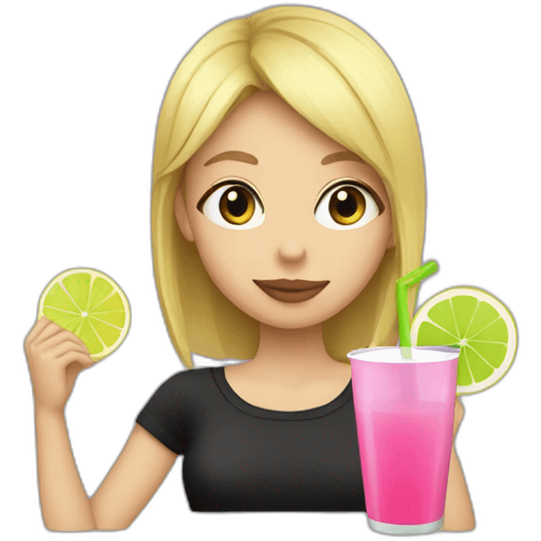 blonde girl straw drinking pink lemonade with one green lemon in the cup, with black watch black tshirt emoji