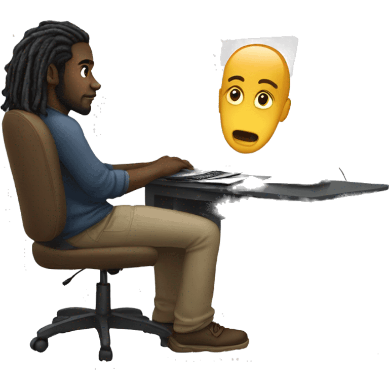 Black-guy-with-dreads-sitting-down-on-chair-facing-desk-foward-focused-on-laptop-computer emoji