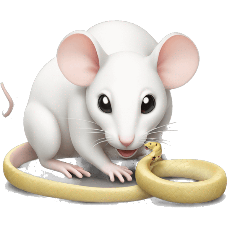 A white mouse eating a snake emoji