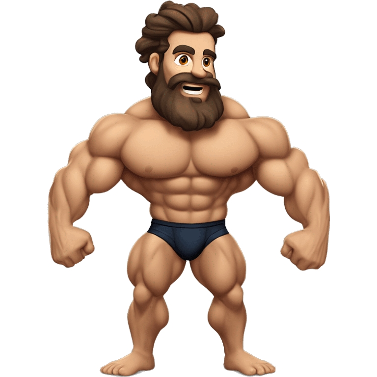 muscled hairy bodybuilder brown hair beard,enormous pecs and enormous biceps, long wavy hair in a man bun, with dark brown eyes, and tanned skin, full body from head to toes picture, flexin both biceps, hairy body, wearing, bodybuilding posing swimsuit emoji