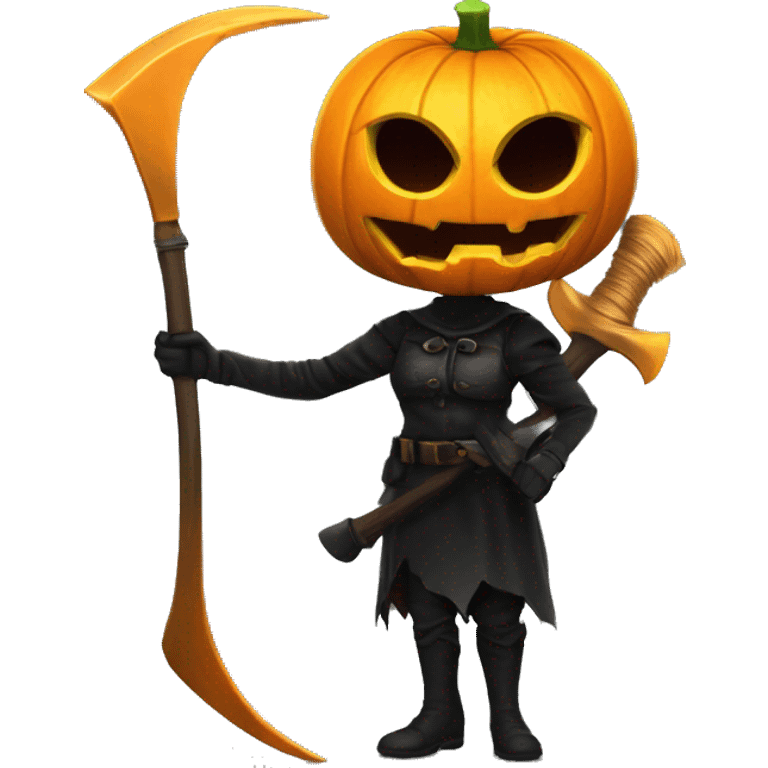 Human female pumpkin hunter with a scythe, glowing pumpkin eyes inside a black helmet, Halloween theme, emoji" emoji