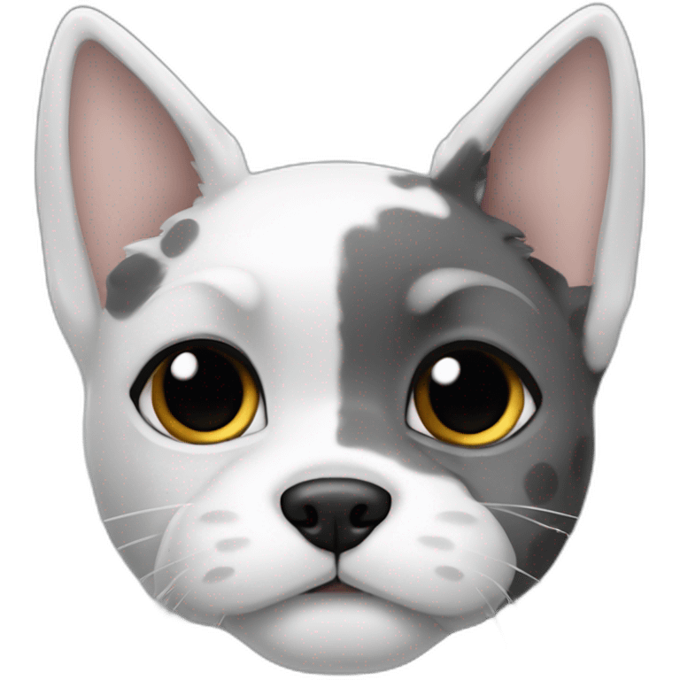 Half of a white cat with black spots and a body attached to it, half of a Schnauzer dog is gray emoji