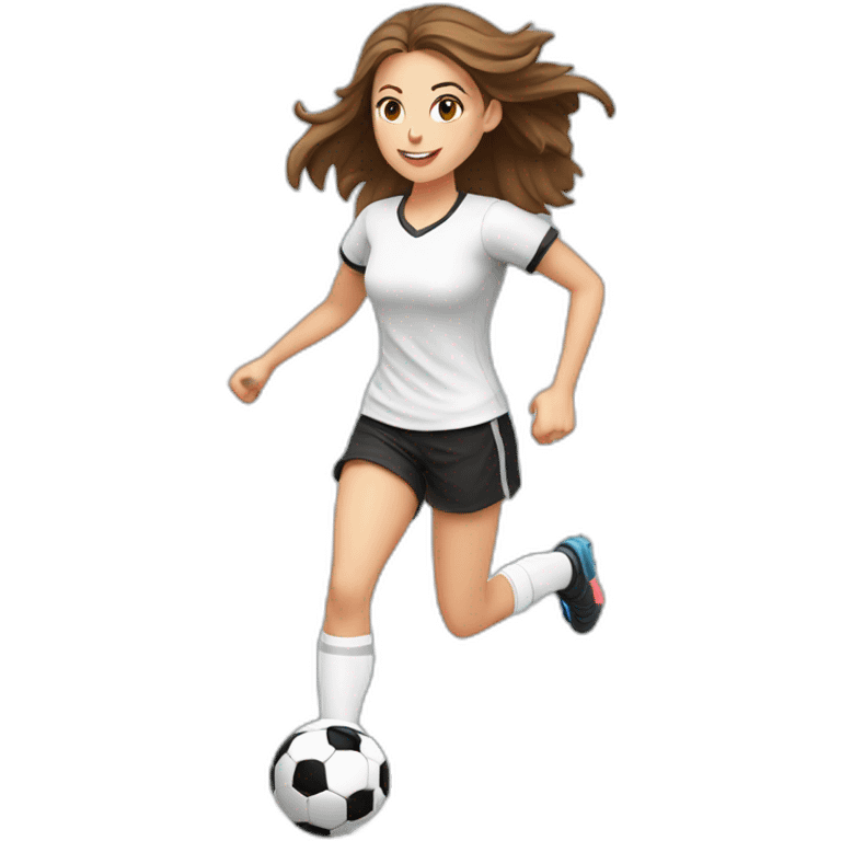 Caucasian girl with brown long hair running with a soccer ball wearing White short and black shorts emoji