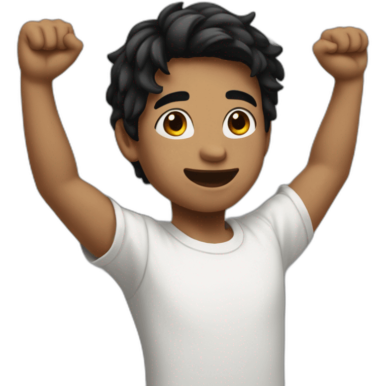 Boy white skin, black hair black t-shirt raising his arms emoji