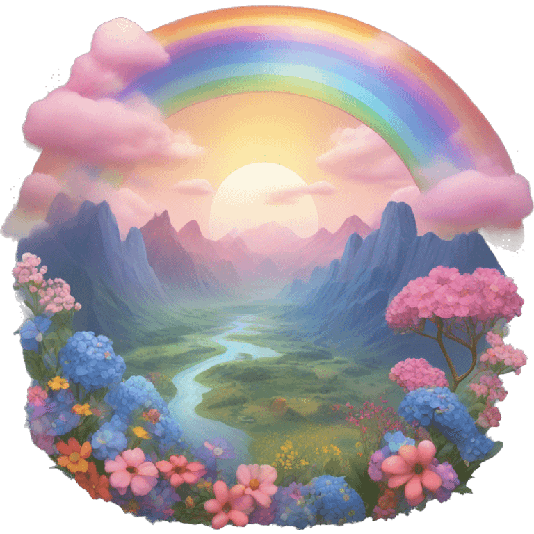 a fairytale landscape with a rainbow multicolor with shades of pink made of blue flowers and the sun on the side emoji