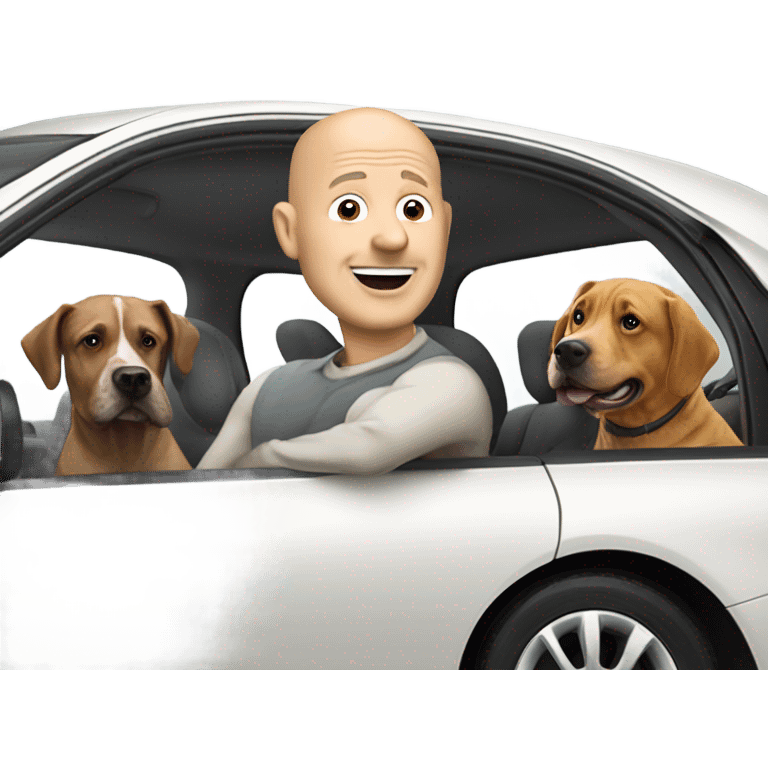 A bald man in his 50s driving a Prius filled with a bunch of dogs sticking their heads out of the windows emoji