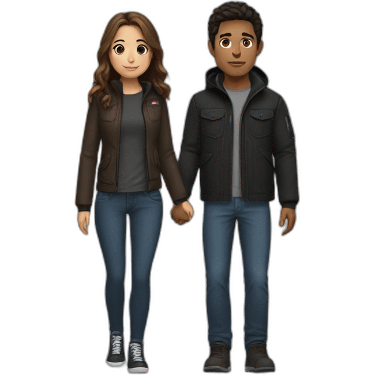 girl with a black top and jeans ,brown hair holding hands with a guy who is wearing a North face jacket  emoji