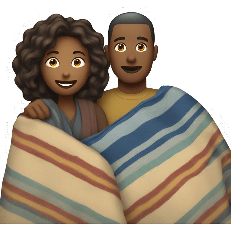 A woman covers a white man with a blanket
 emoji