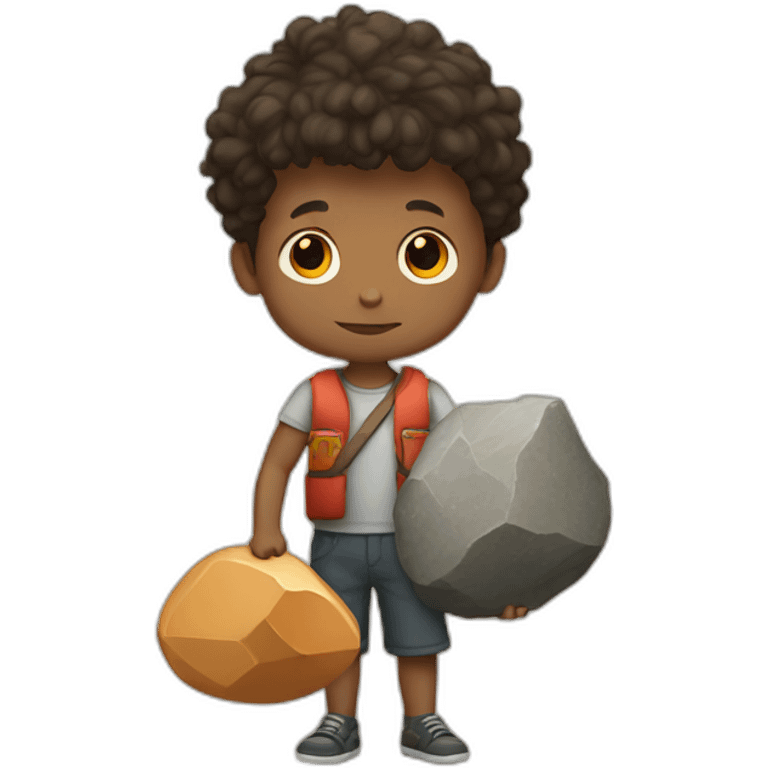 A small boy holding a rock and an rgg emoji