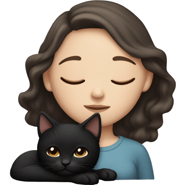 White girl dark brown hair sleeping with black kitty emoji