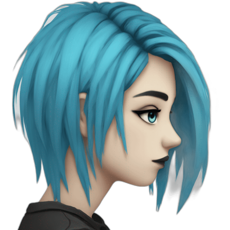 Side profile sad emo girl, black makeup, long choppy blue hair side bangs emoji