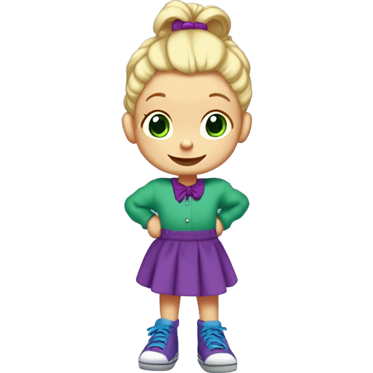 A little blonde girl with pigtails and little purple bows wearing a red long-sleeved shirt and purple overalls skirt with blue tights with green polka dots and purple sneakers, full body, rugrats emoji