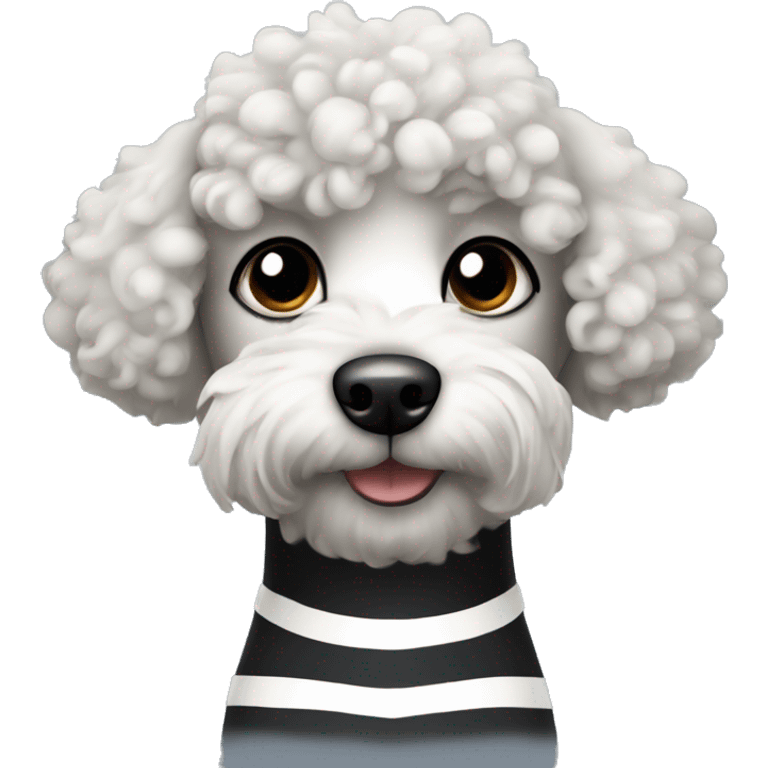 small curly haired black dog with white stripe on chest  emoji