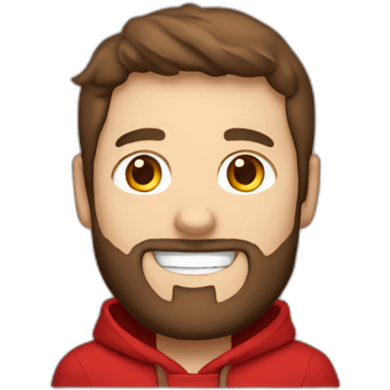 white dude smiling with a brown beard and short brown hair with a red hooded hoodie with "Posh" embroidered on the hoodie emoji