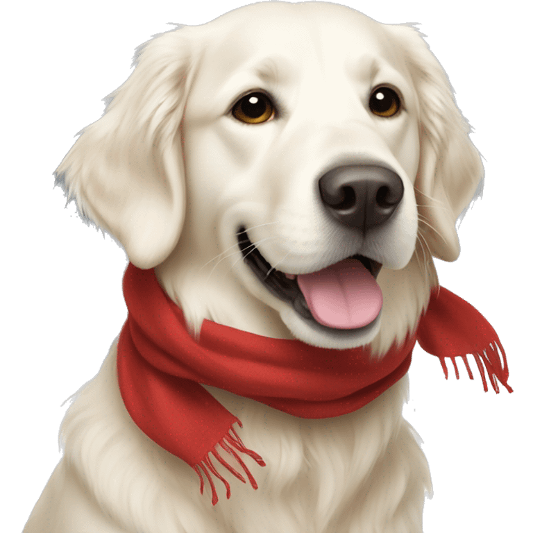 White golden retriever wearing a red scarf emoji