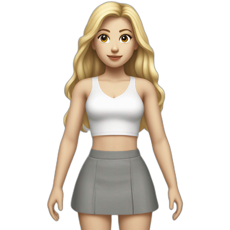 hyperrealistic caucasian female, long straight blonde hair, white-lace-up-crop-top, grey mini skirt, body view emoji