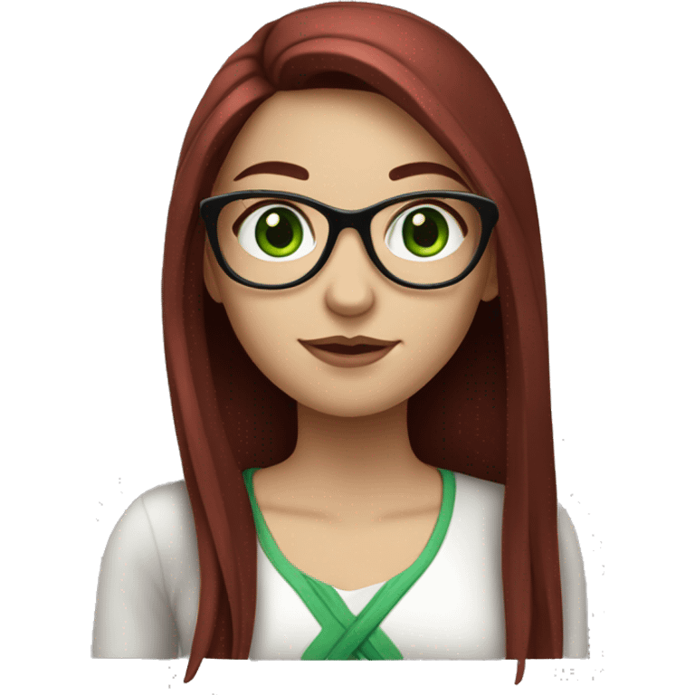 white girl with green eyes, glasses, and long straight dark red hair emoji