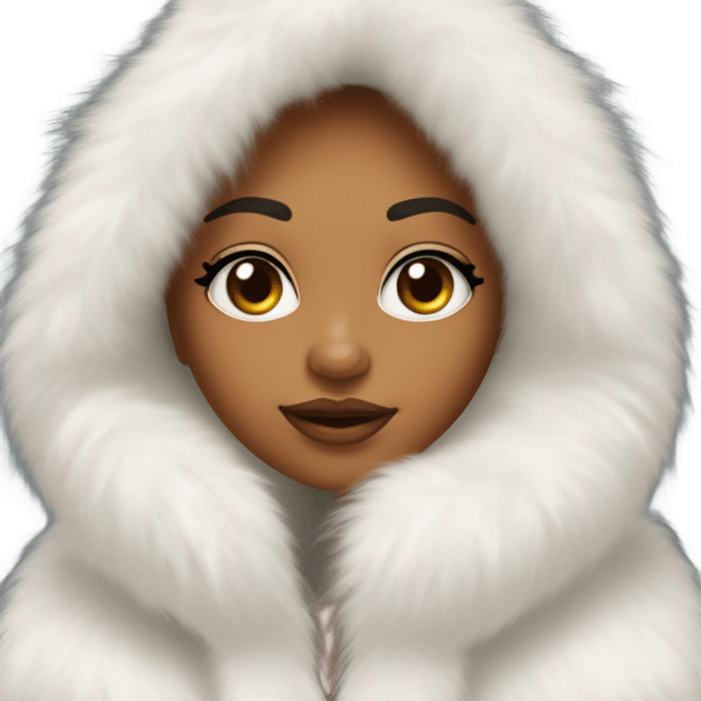 Tanned Girl with lashes ,  in an extremely big fluffy oversized white fur coat with hood on. The fur is real and it’s very obvious big and fluffy like in Pinterest  emoji