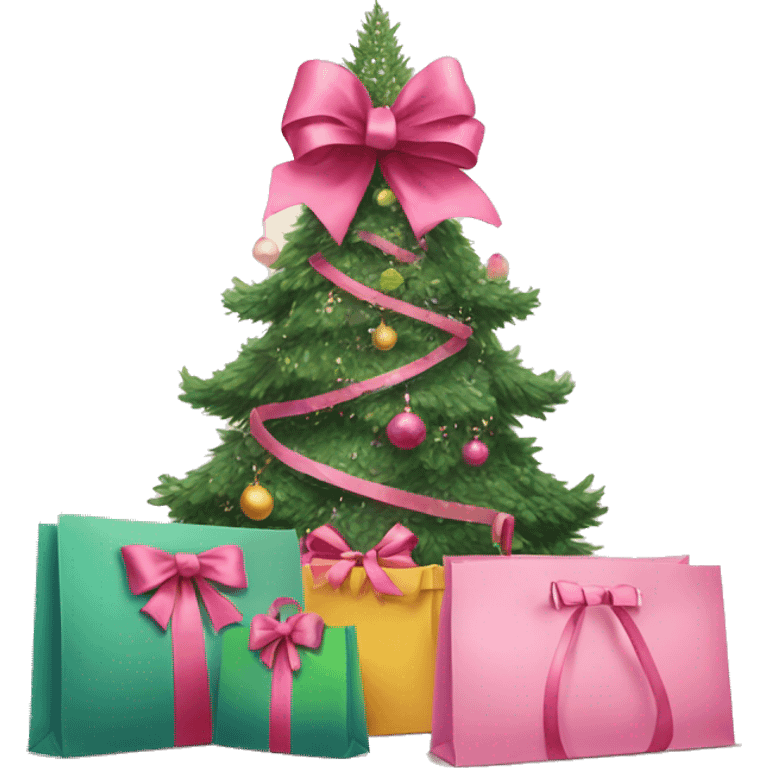  christmas tree with a pink bow an shopping bags underneeth emoji