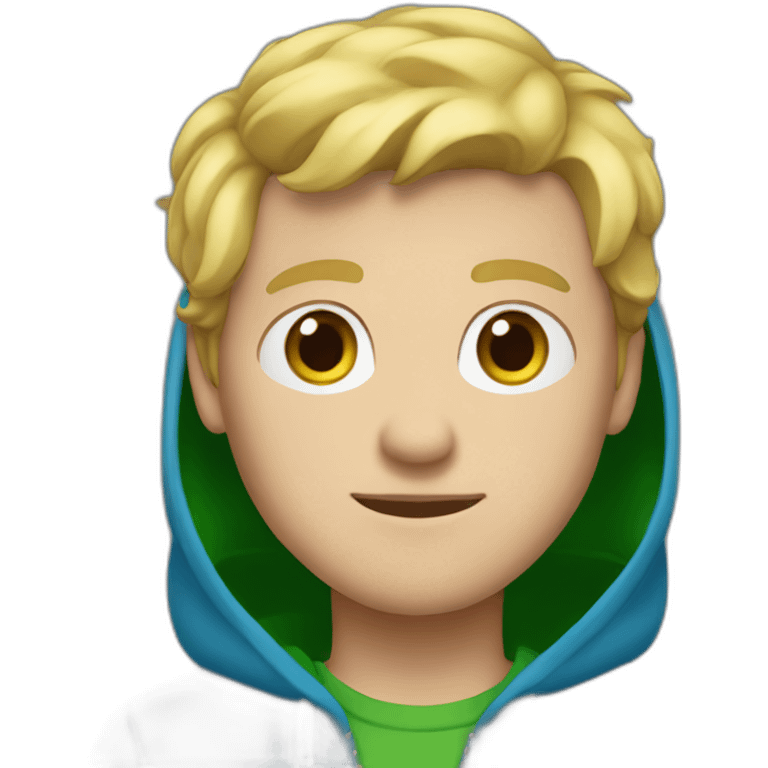 white guy with blue pants and a green hoodie with blonde hair and blue eyes emoji