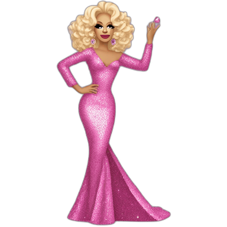 Drag queen Rupaul, curly blonde hair styled swept to the right. Full body, pink sequin dress, posed with left hand on her hip, right hand raised in the air. Iconic, legendary, victorious emoji