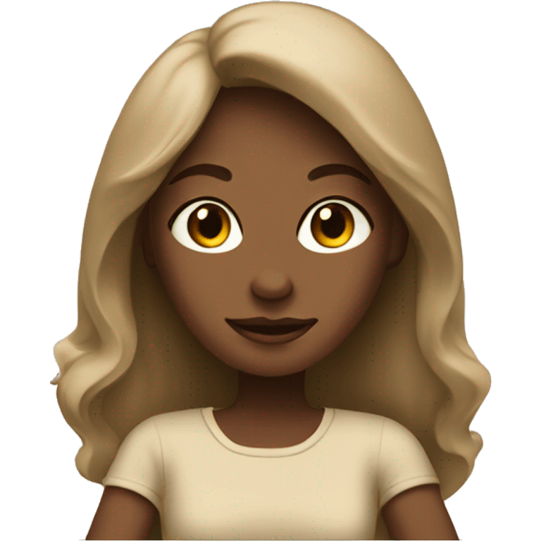 A girl at a table with a laptop with a cup of coffee in beige tones emoji