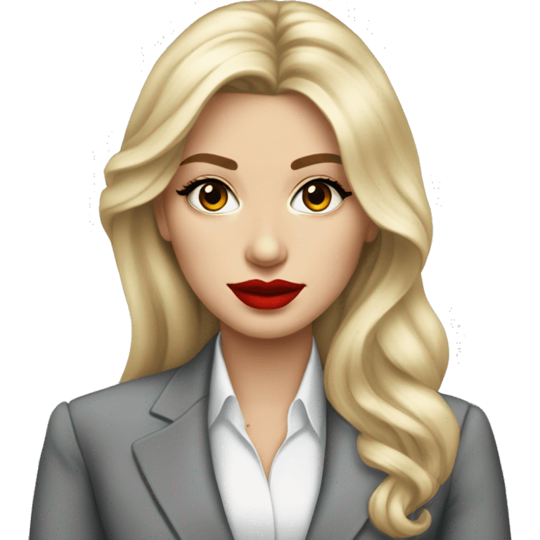 Russian Blonde long hair with big red lips small nose and black eyes Tiffany diamond seller in a grey suit emoji